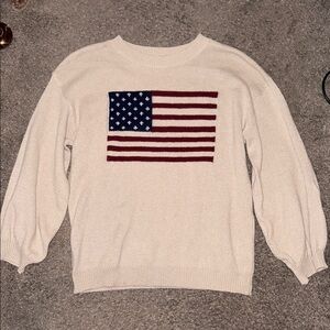 Cream and Red Crewneck Sweater with American Flag Design